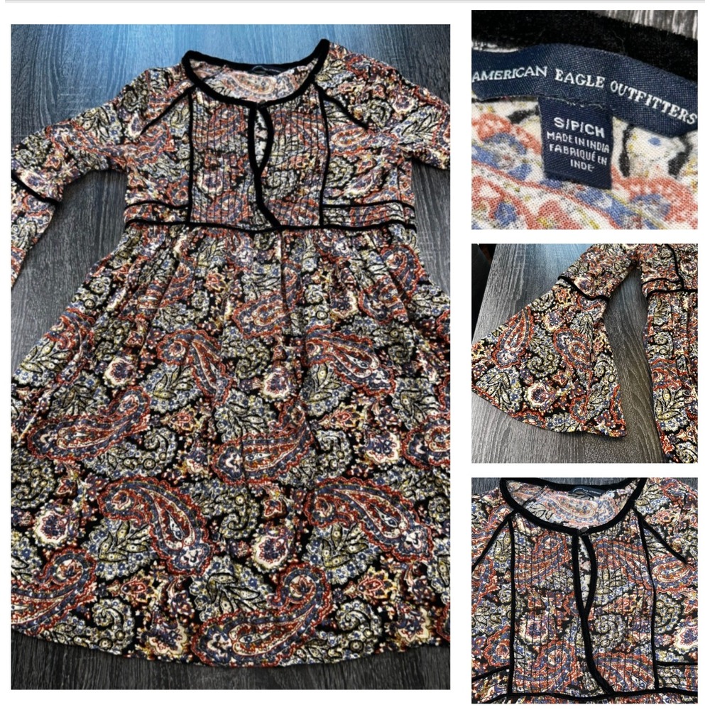 American Eagle Outfitters Paisley Boho Peasant Dress  Bell Sleeve Empire Small